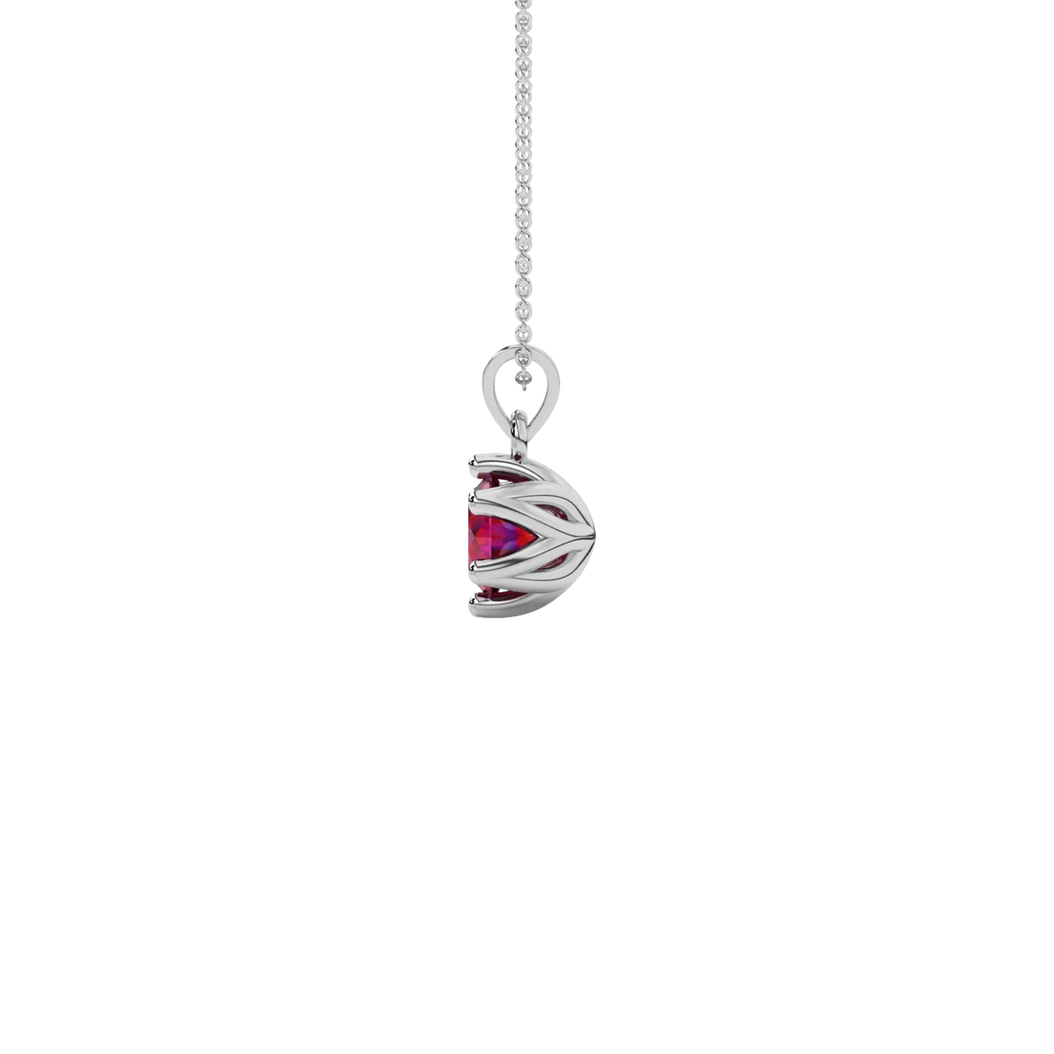 Side angle of a white gold raspberry red gemstone pendant highlighting the scalloped six-prong details.