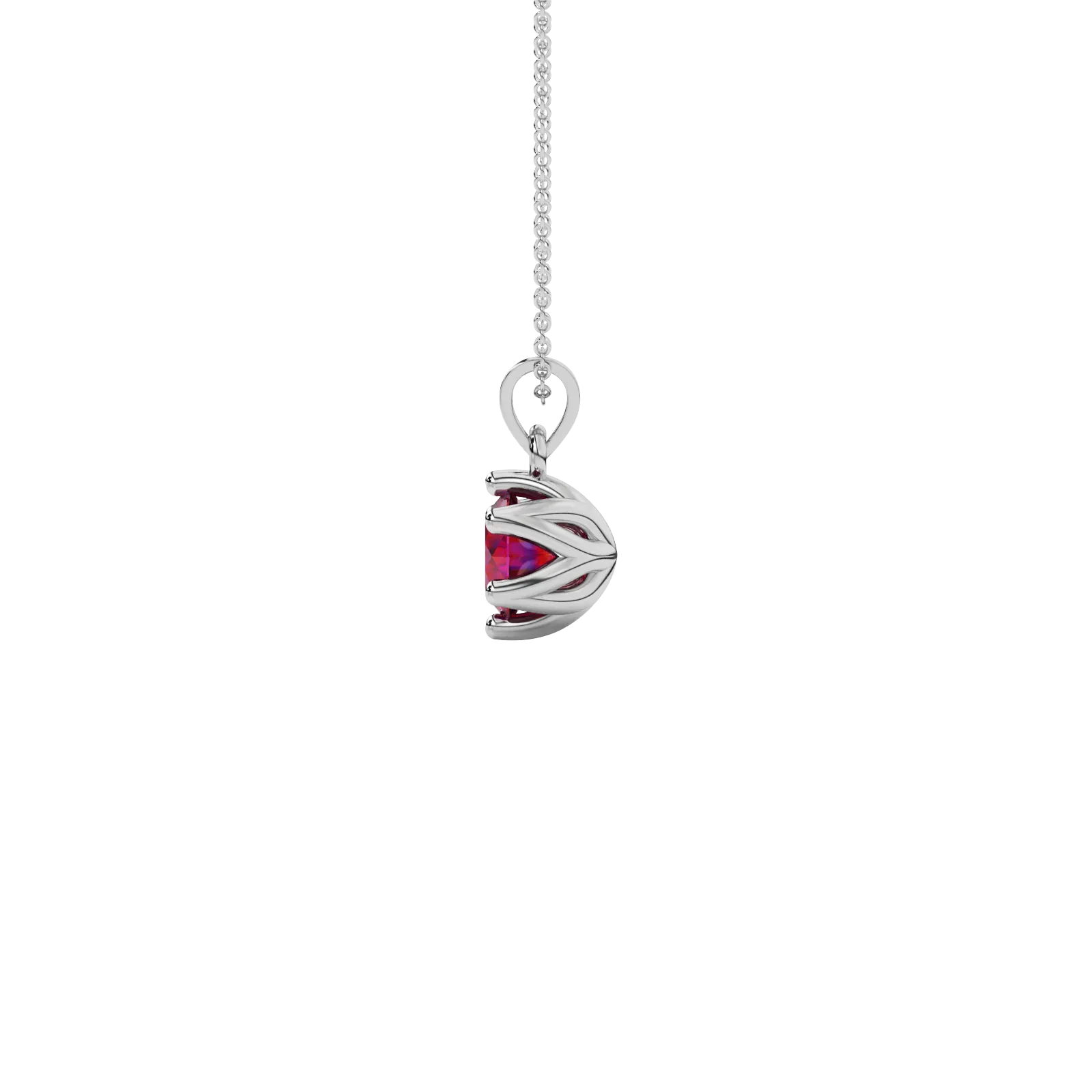 Side angle of a white gold raspberry red gemstone pendant highlighting the scalloped six-prong details.