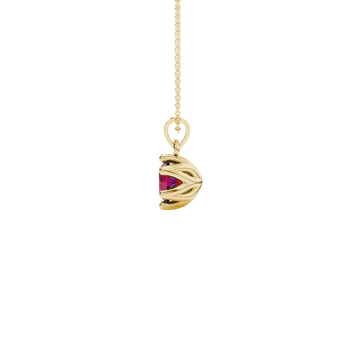 Side view of a yellow gold raspberry red gemstone pendant with a detailed scalloped six-prong design.