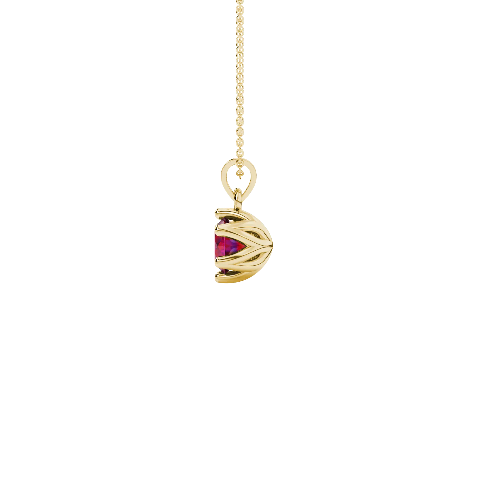 Side view of a yellow gold raspberry red gemstone pendant with a detailed scalloped six-prong design.