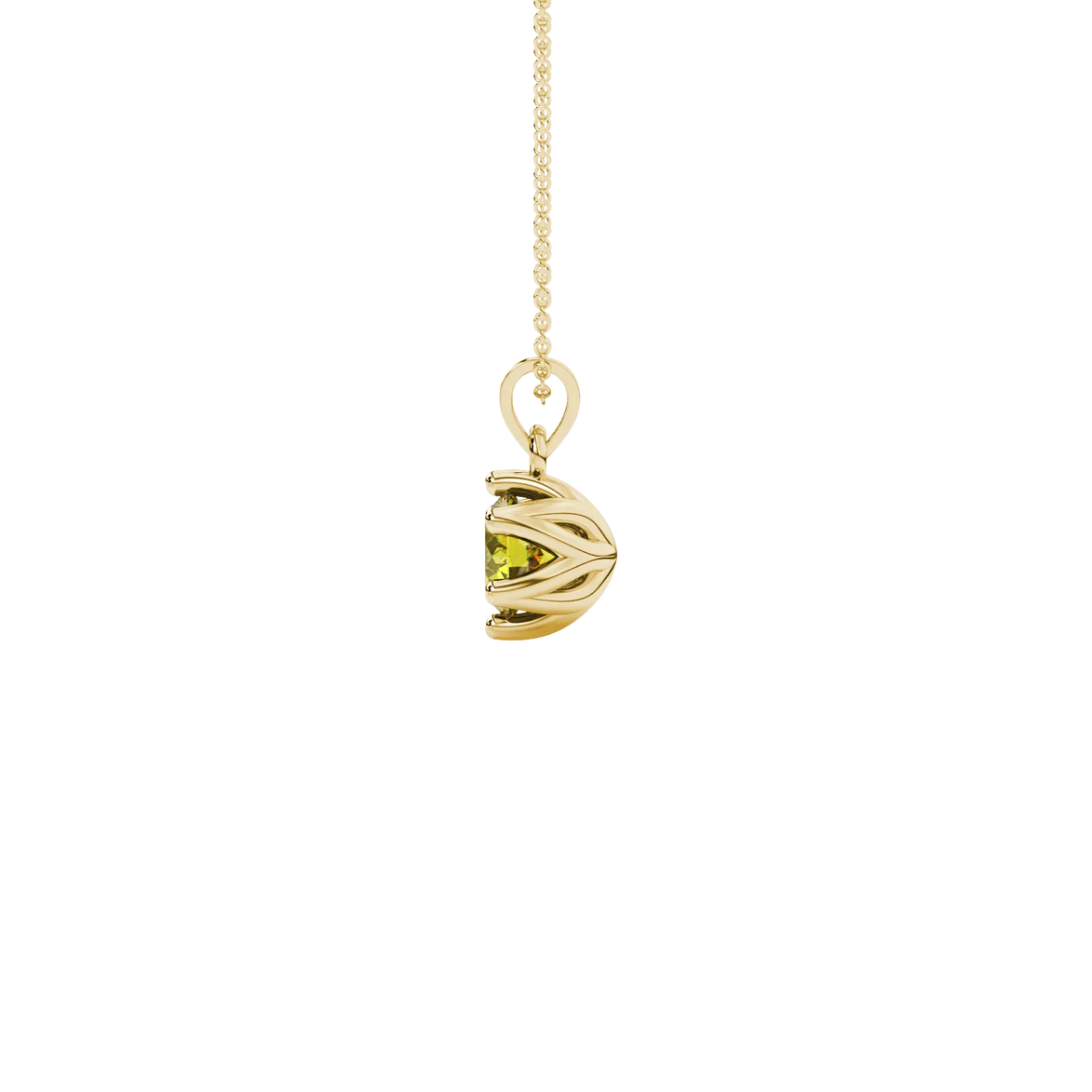 Side angle of a yellow gold canary yellow gemstone pendant displaying the scalloped six-prong setting.