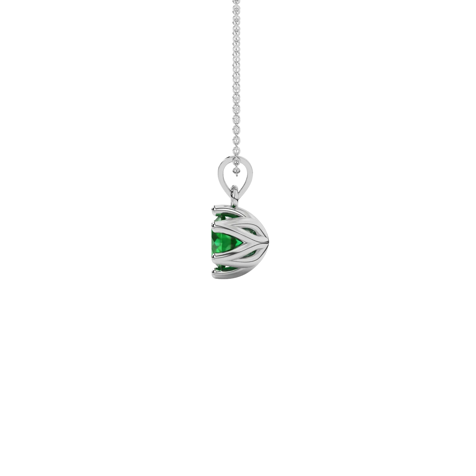 Side view of a white gold emerald green gemstone pendant featuring a clean scalloped six-prong gallery.