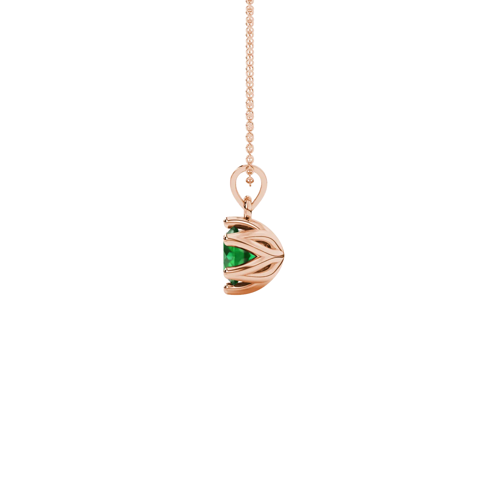 Side angle of a rose gold emerald green gemstone pendant showcasing the scalloped six-prong design.