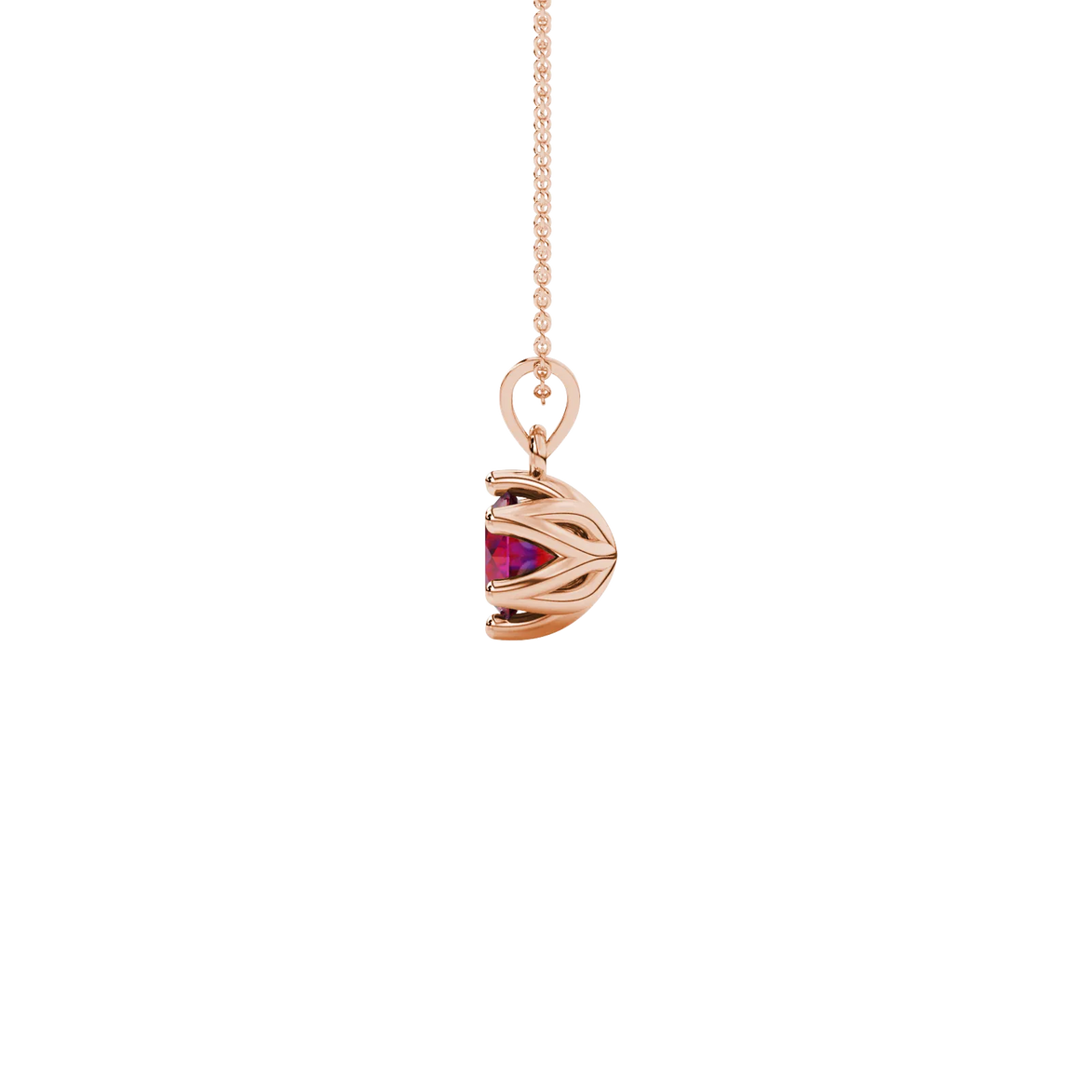 Side profile of a rose gold raspberry red gemstone pendant showcasing the scalloped six-prong gallery.