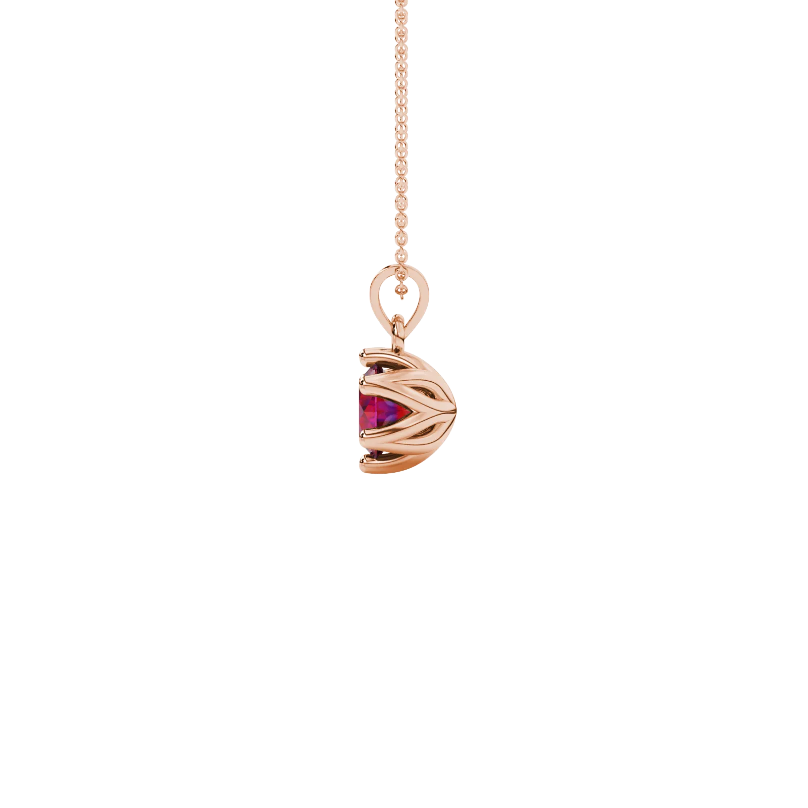 Side profile of a rose gold raspberry red gemstone pendant showcasing the scalloped six-prong gallery.