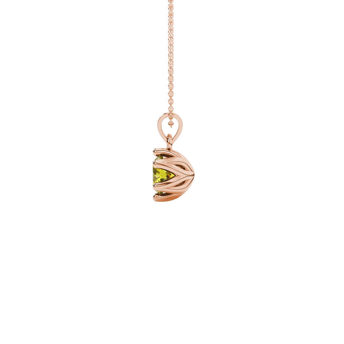 Side view of a rose gold canary yellow gemstone pendant highlighting the scalloped six-prong detail.