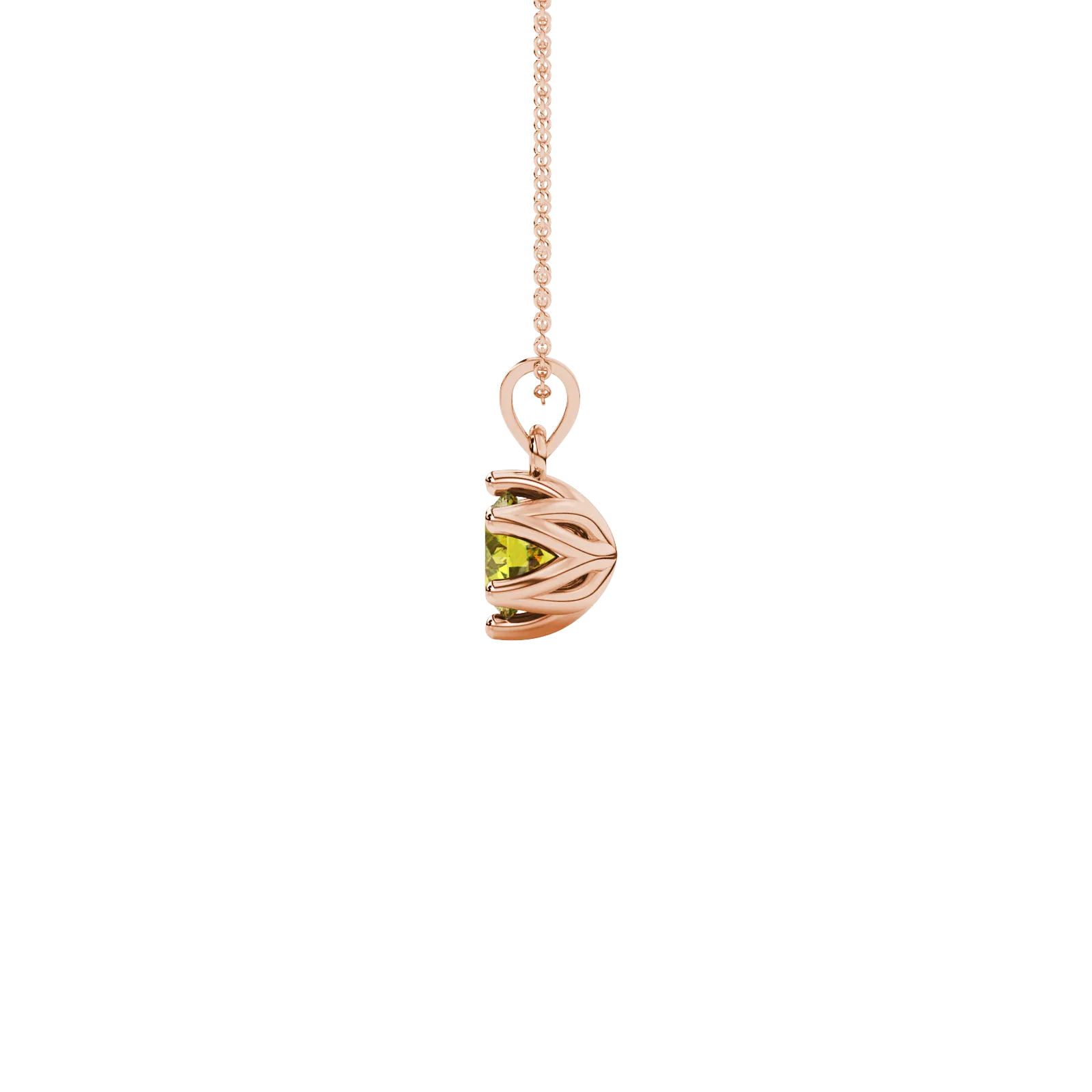 Side view of a rose gold canary yellow gemstone pendant highlighting the scalloped six-prong detail.