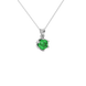 close-up of a round emerald green gemstone enclosed in a white gold scalloped six-prong pendant setting.