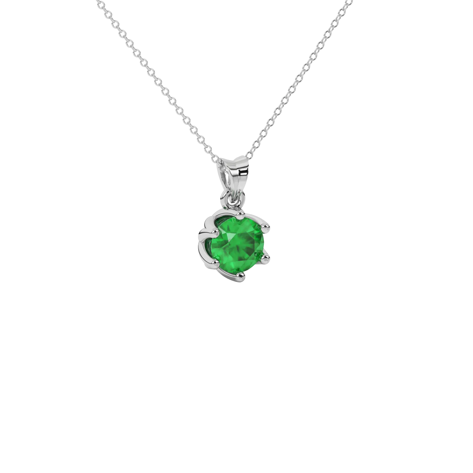 close-up of a round emerald green gemstone enclosed in a white gold scalloped six-prong pendant setting.