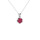 Close-up details of a round raspberry red gemstone secured in a white gold scalloped six-prong pendant.