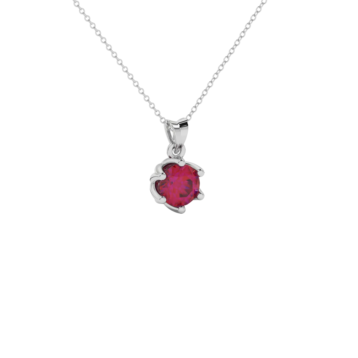 Close-up details of a round raspberry red gemstone secured in a white gold scalloped six-prong pendant.