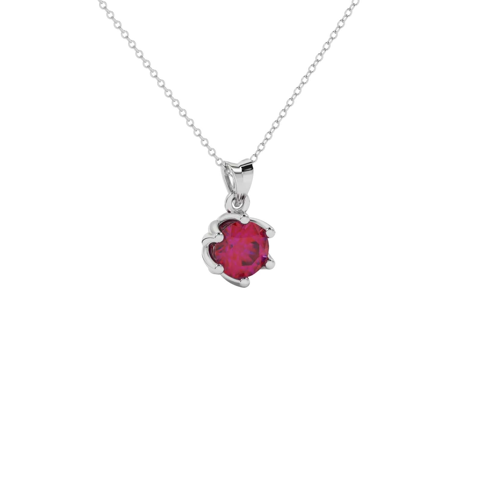Close-up details of a round raspberry red gemstone secured in a white gold scalloped six-prong pendant.