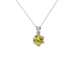 Close-up shot of a round-cut canary yellow gemstone in a white gold scalloped six-prong pendant setting.