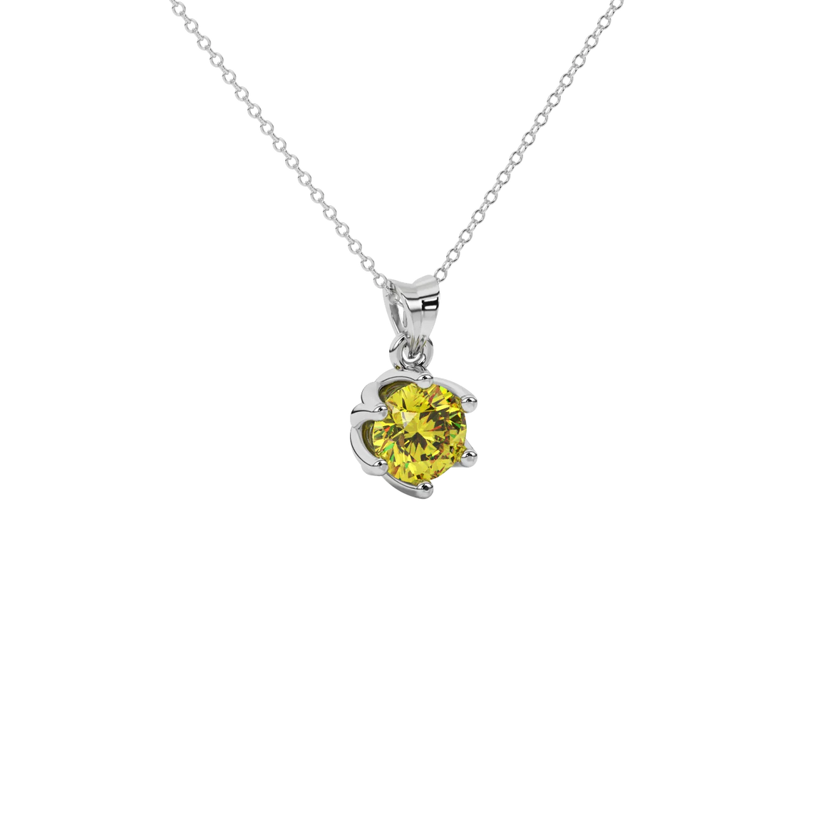 Close-up shot of a round-cut canary yellow gemstone in a white gold scalloped six-prong pendant setting.