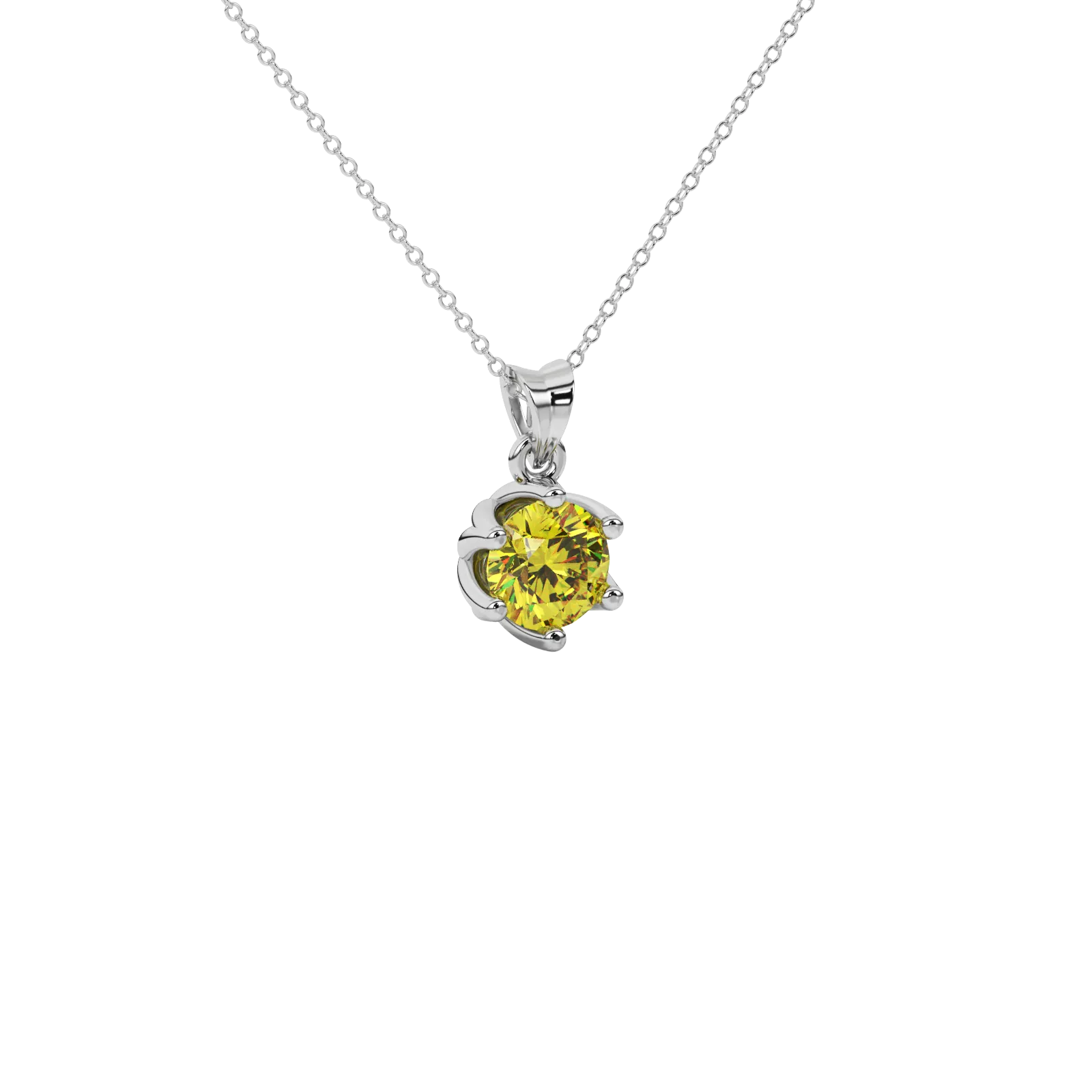 Close-up shot of a round-cut canary yellow gemstone in a white gold scalloped six-prong pendant setting.