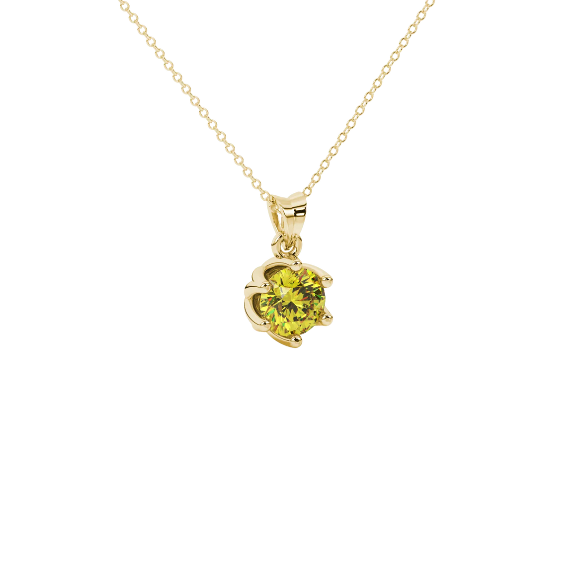close-up of a round canary yellow gemstone secured in a yellow gold scalloped six-prong pendant.