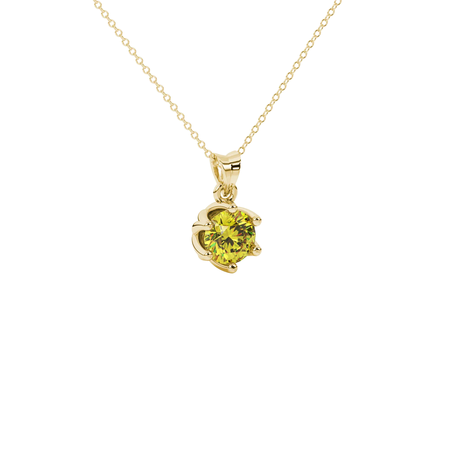 close-up of a round canary yellow gemstone secured in a yellow gold scalloped six-prong pendant.