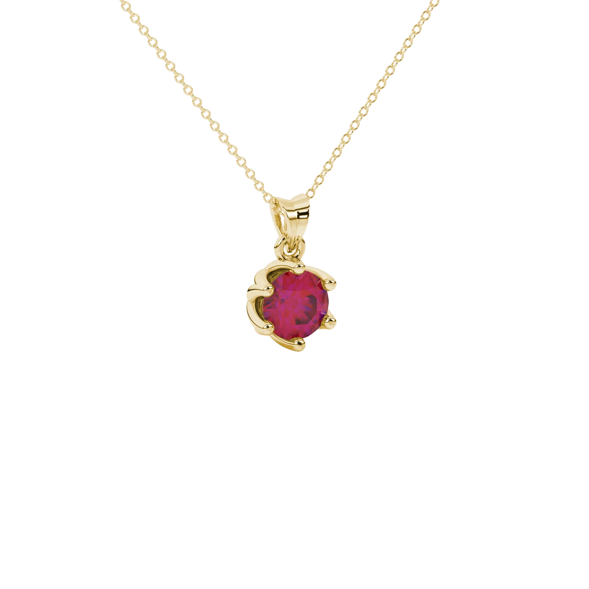 close-up of a round-cut raspberry red gemstone surrounded by a yellow gold scalloped six-prong pendant.