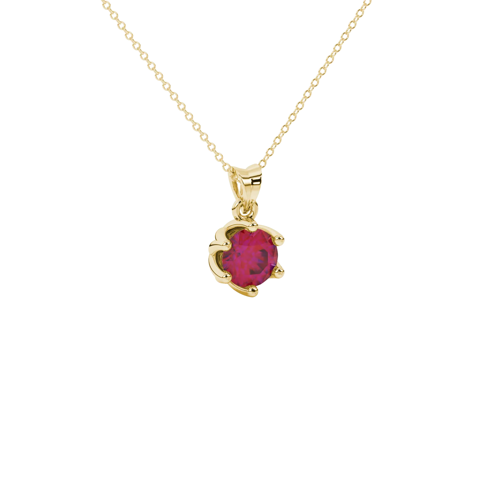 close-up of a round-cut raspberry red gemstone surrounded by a yellow gold scalloped six-prong pendant.