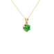 Close-up details of a round-cut emerald green gemstone in a yellow gold scalloped six-prong pendant.