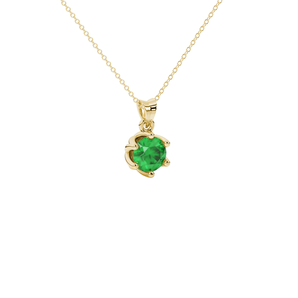 Close-up details of a round-cut emerald green gemstone in a yellow gold scalloped six-prong pendant.