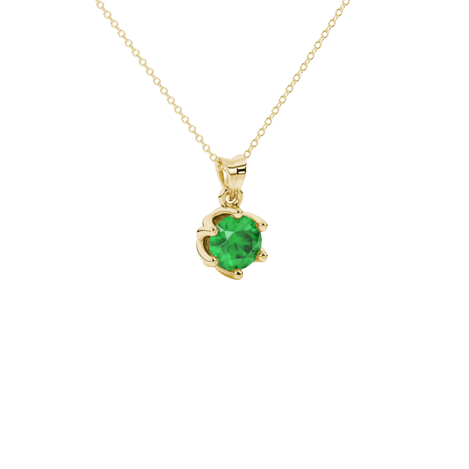 Close-up details of a round-cut emerald green gemstone in a yellow gold scalloped six-prong pendant.