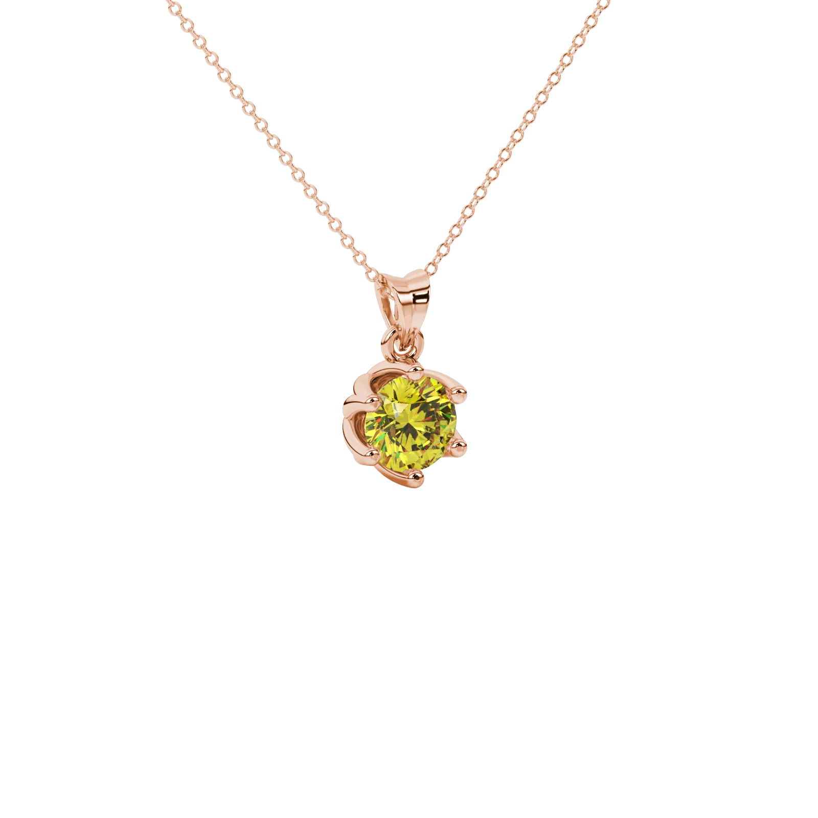 close-up of a round canary yellow gemstone pendant with an intricate rose gold scalloped six-prong setting.