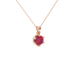 close-up shot of a round raspberry red gemstone pendant with a rose gold scalloped six-prong design.