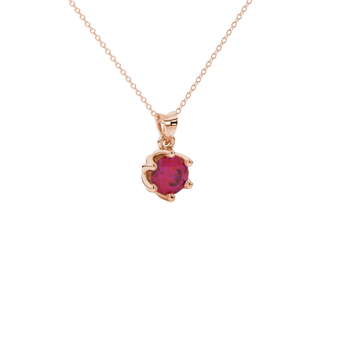 close-up shot of a round raspberry red gemstone pendant with a rose gold scalloped six-prong design.