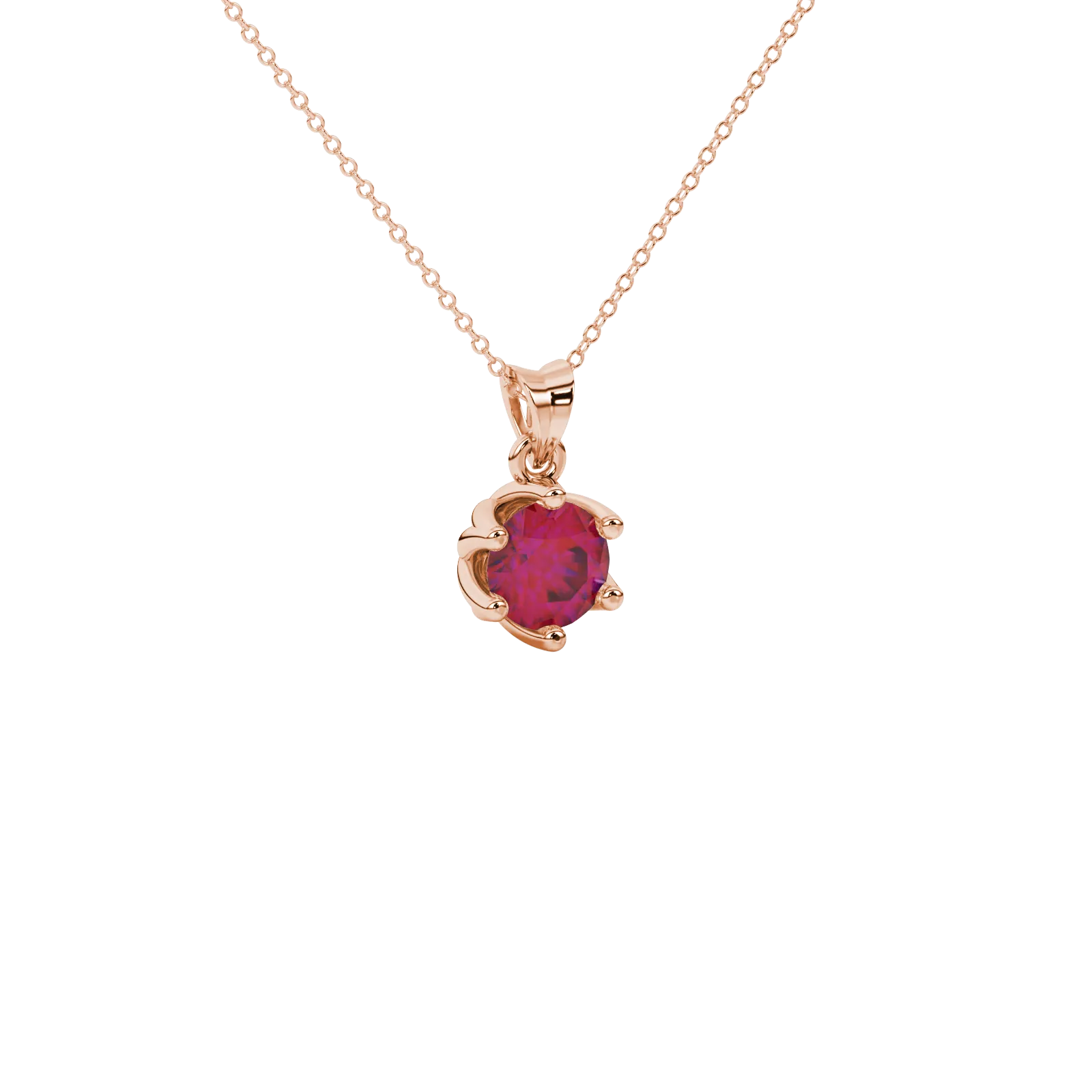 close-up shot of a round raspberry red gemstone pendant with a rose gold scalloped six-prong design.