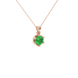 Close-up macro shot of a round emerald green gemstone pendant with a rose gold scalloped six-prong.