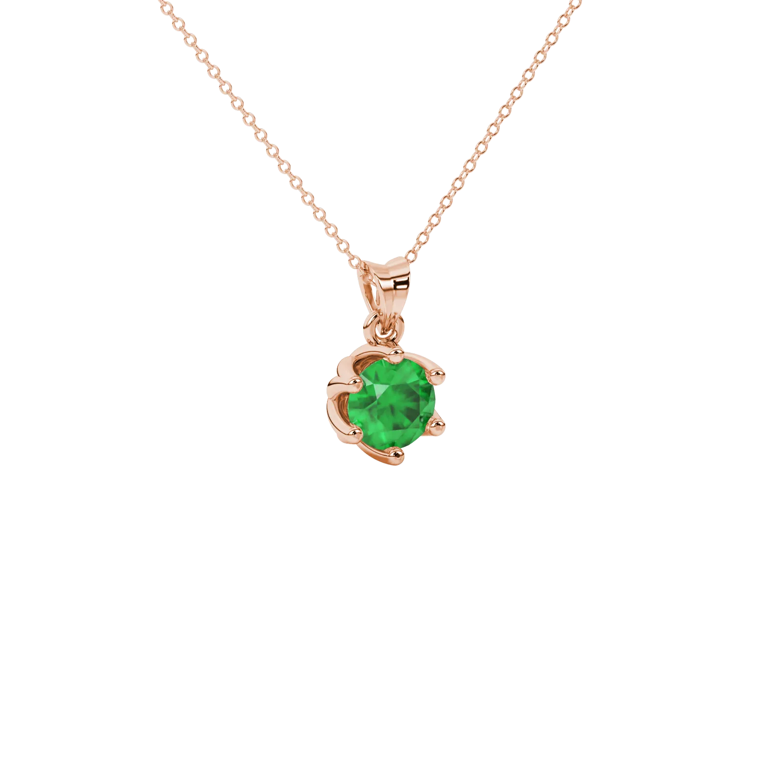 Close-up macro shot of a round emerald green gemstone pendant with a rose gold scalloped six-prong.
