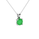 close-up of a round emerald green gemstone enclosed in a white gold surprise diamond pendant setting.