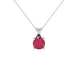 Round-cut raspberry red gemstone pendant in a white gold surprise diamond setting.