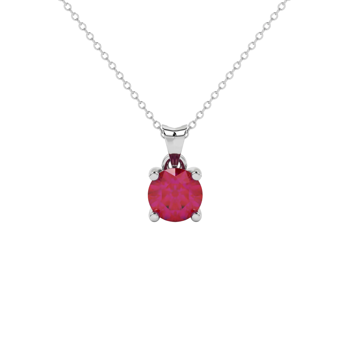 Round-cut raspberry red gemstone pendant in a white gold surprise diamond setting.