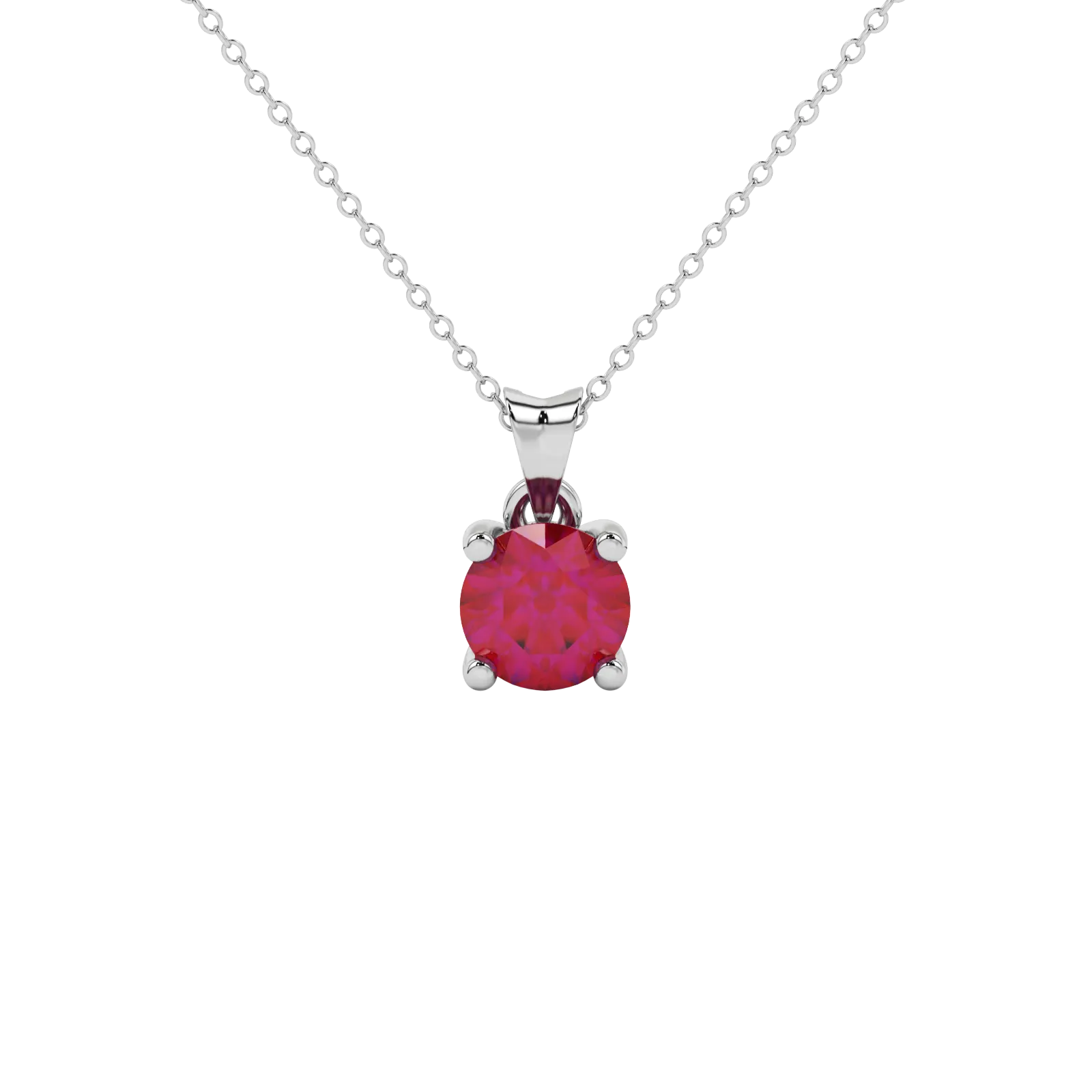Round-cut raspberry red gemstone pendant in a white gold surprise diamond setting.