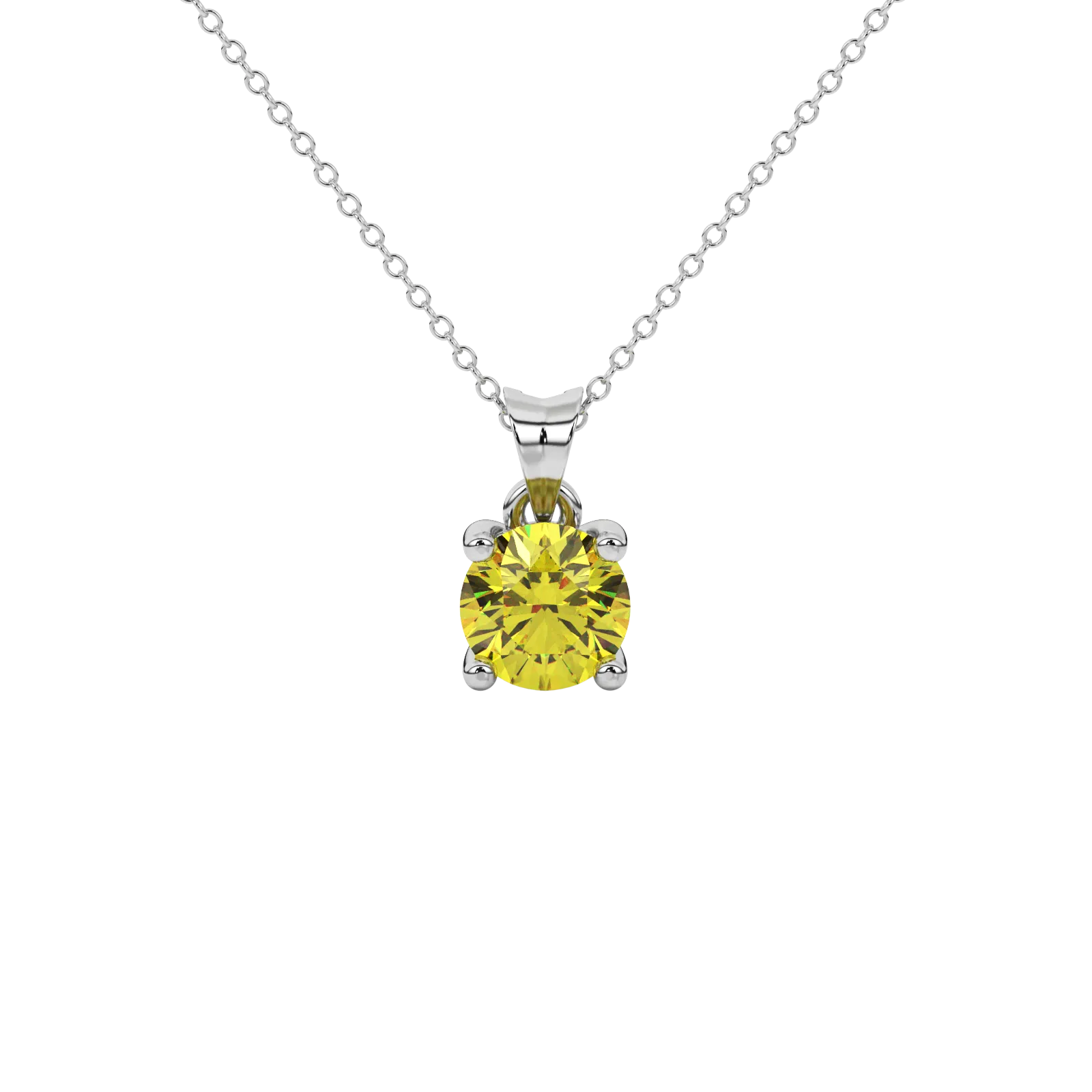 Round-cut canary yellow gemstone pendant in a white gold surprise diamond setting.