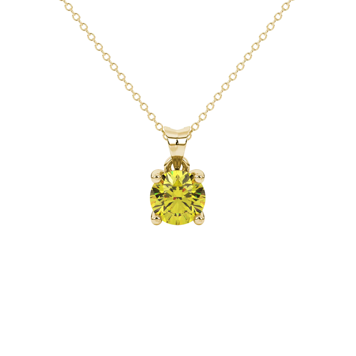 Round-cut canary yellow gemstone pendant in a yellow gold surprise diamond setting.