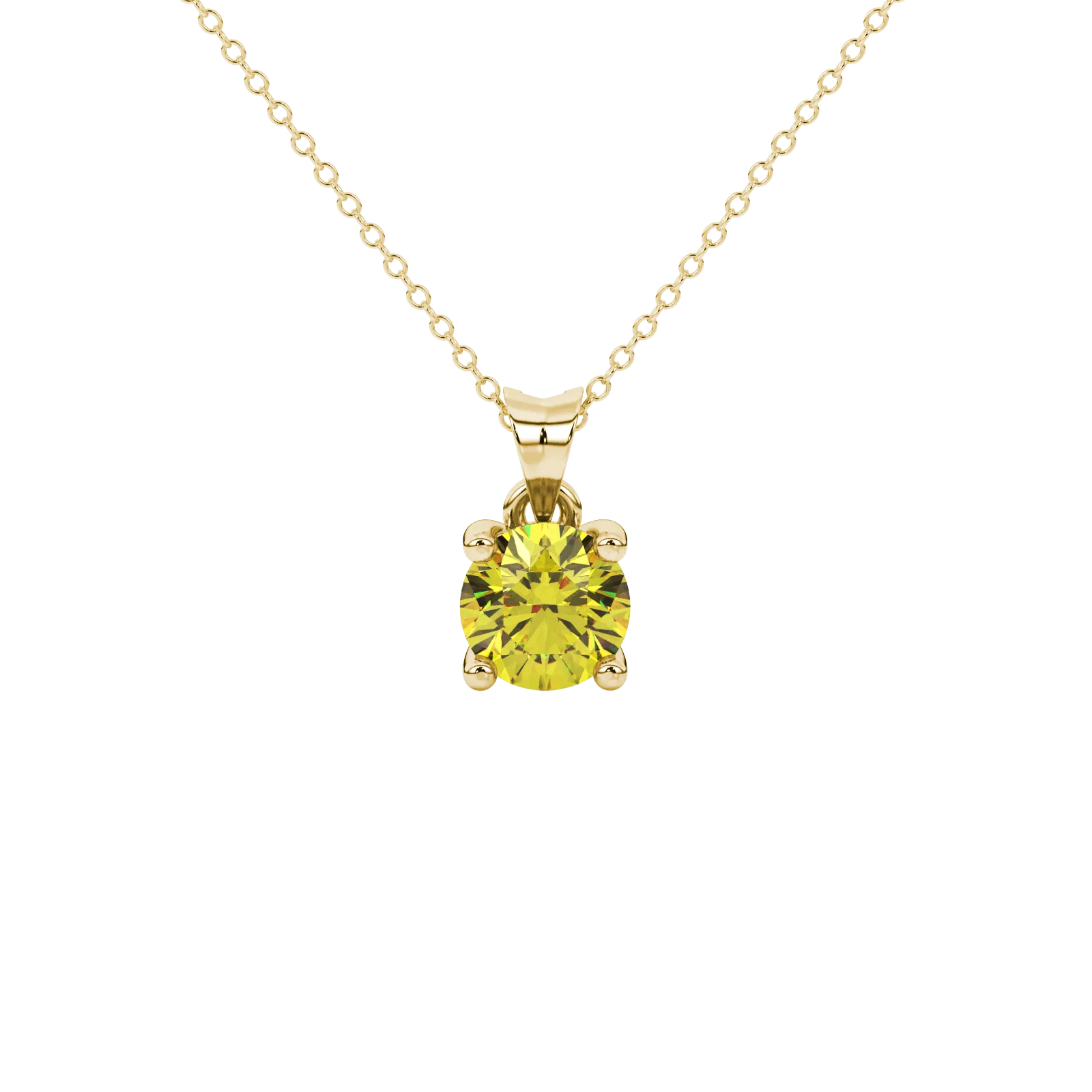 Round-cut canary yellow gemstone pendant in a yellow gold surprise diamond setting.