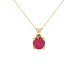 Round-cut raspberry red gemstone pendant in a yellow gold surprise diamond setting.