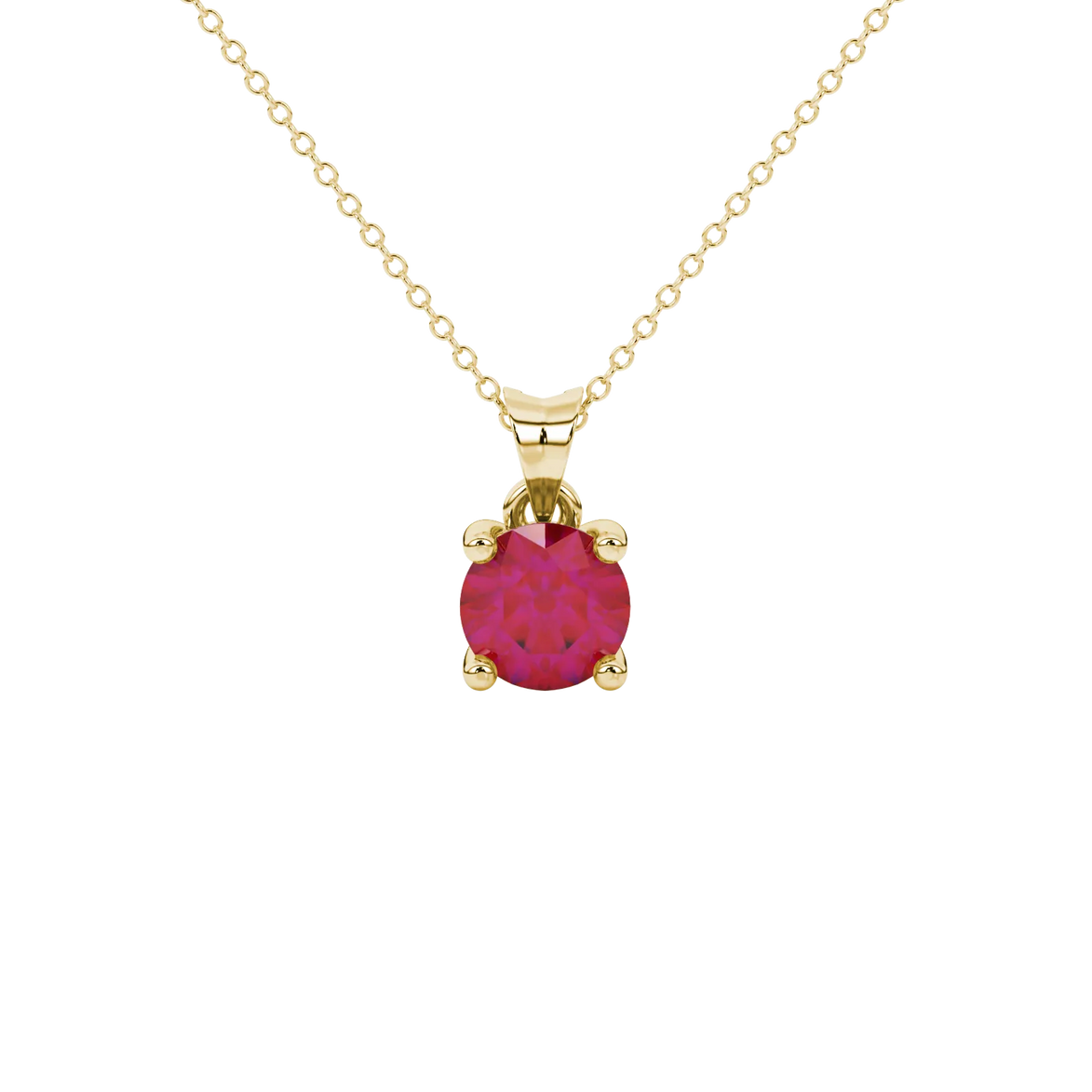 Round-cut raspberry red gemstone pendant in a yellow gold surprise diamond setting.