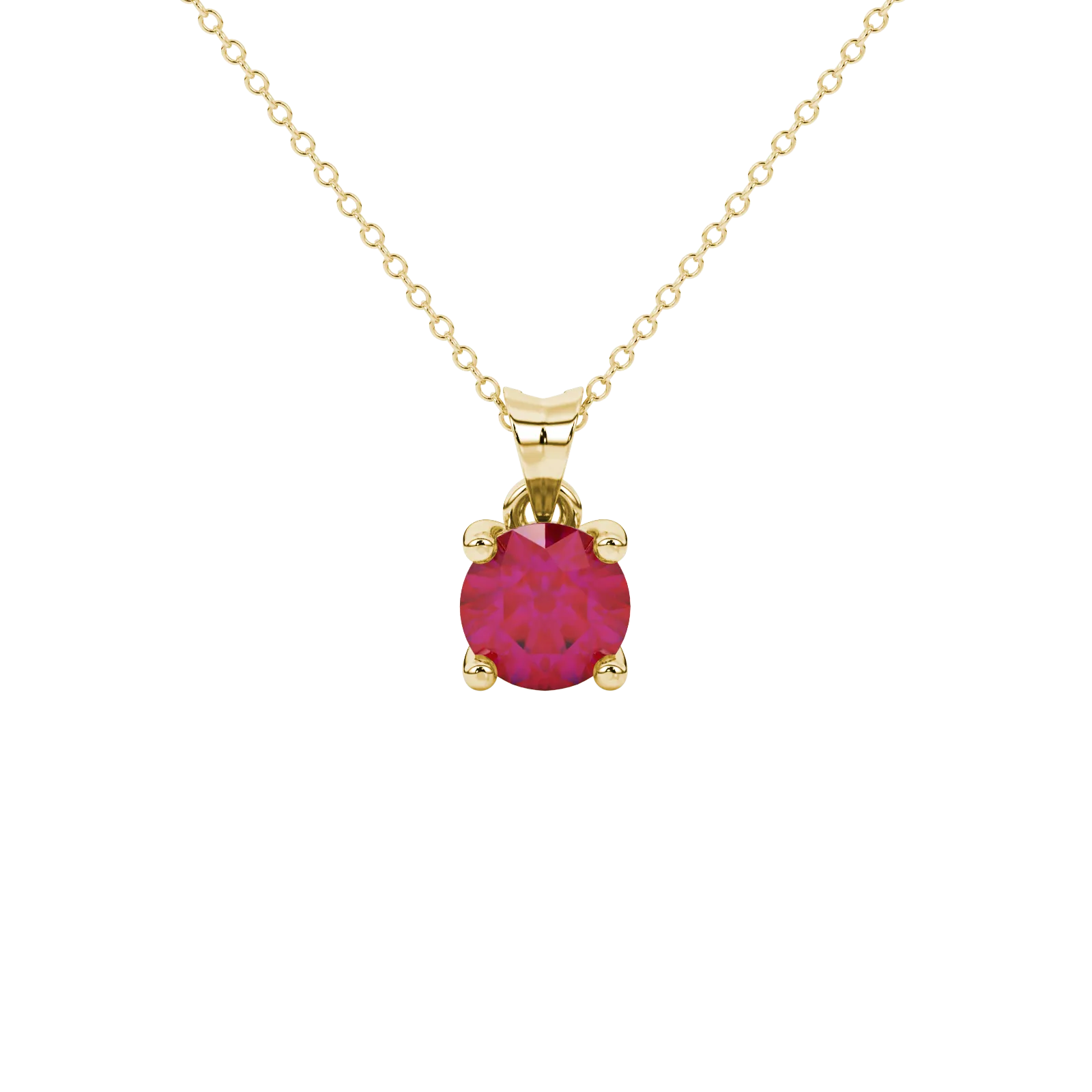 Round-cut raspberry red gemstone pendant in a yellow gold surprise diamond setting.