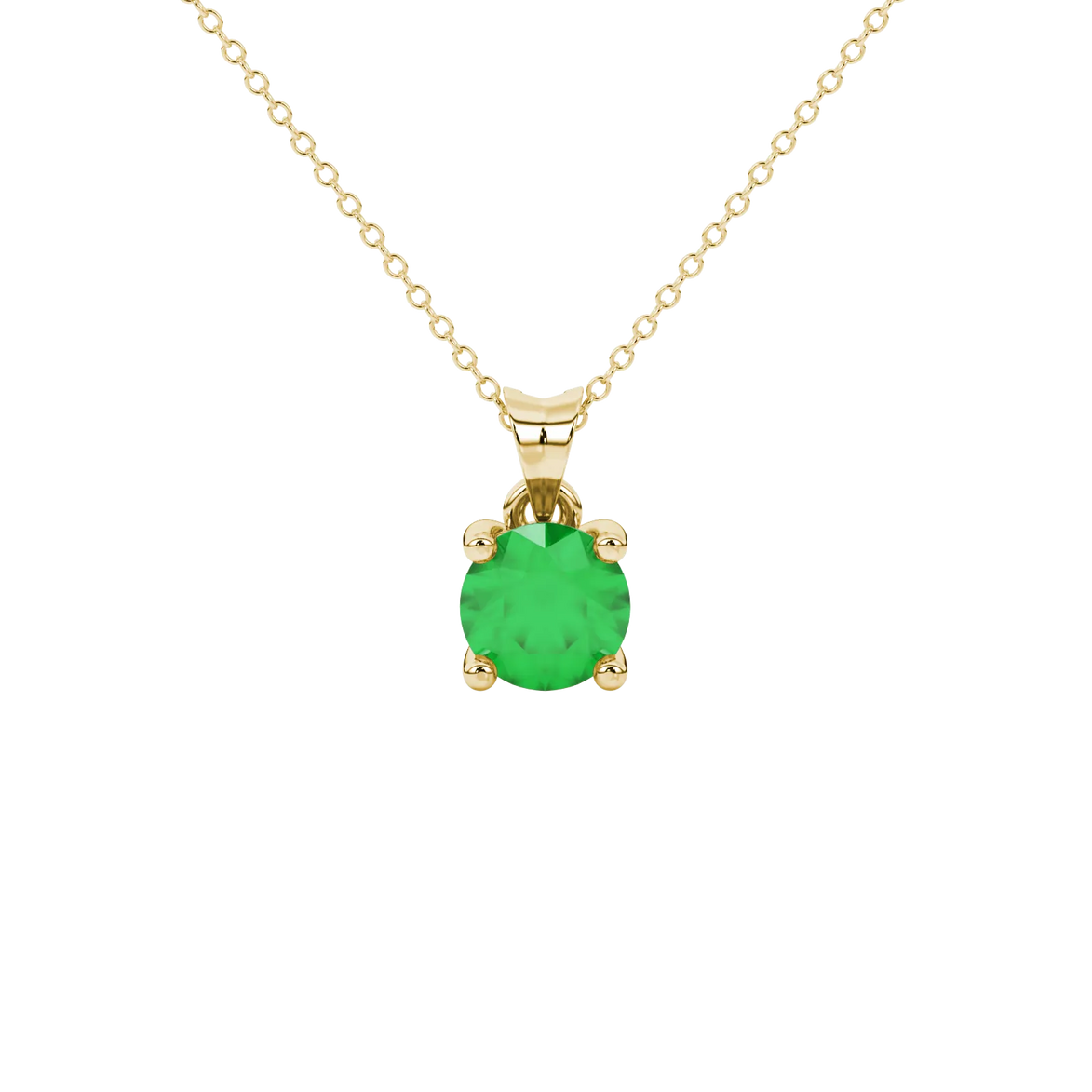 Round-cut emerald green gemstone pendant in a yellow gold surprise diamond setting