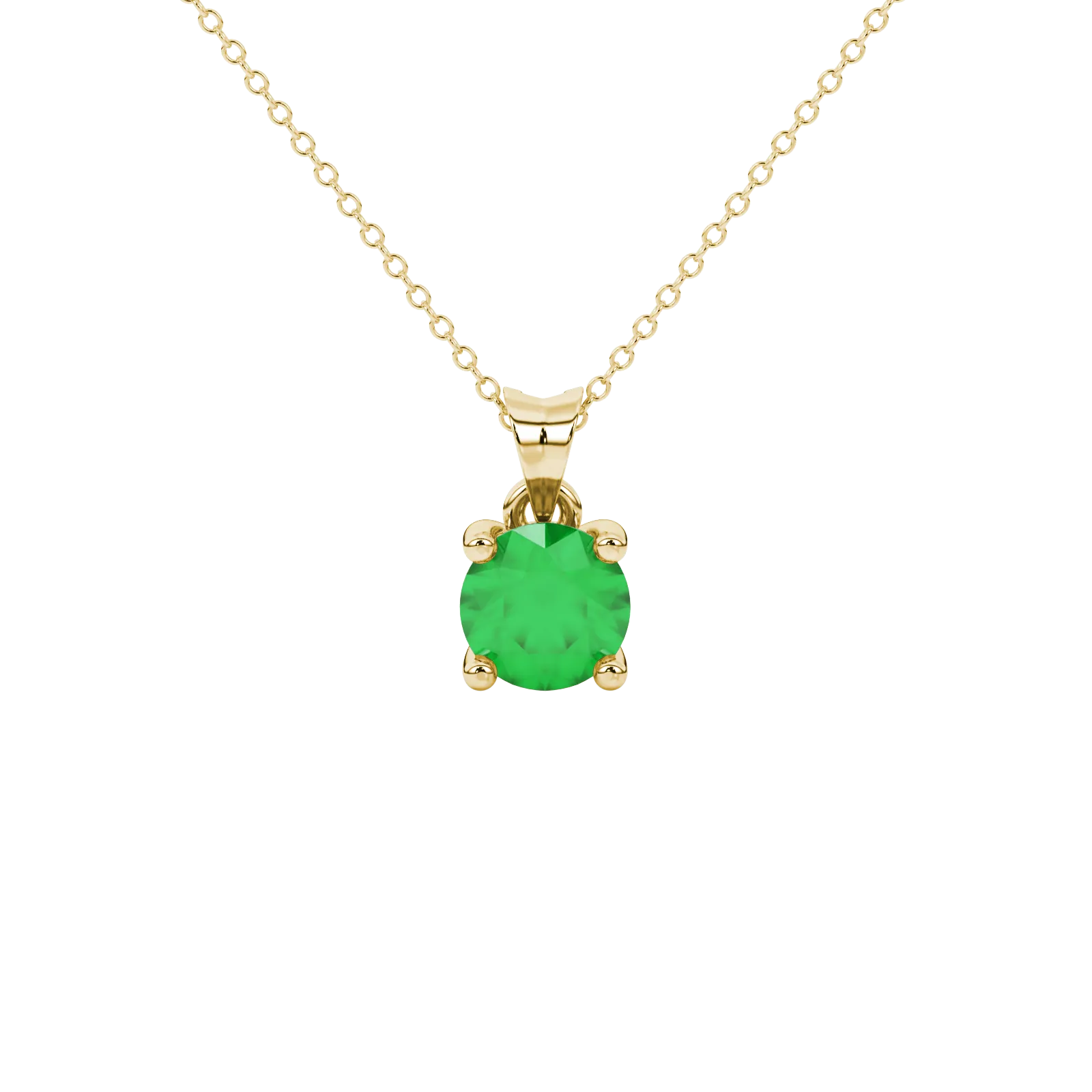 Round-cut emerald green gemstone pendant in a yellow gold surprise diamond setting