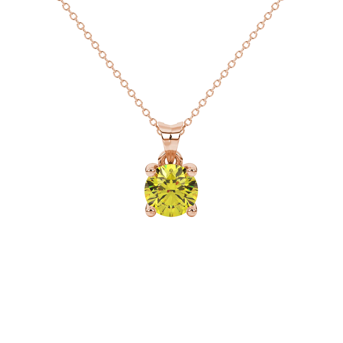 Round-cut canary yellow gemstone pendant in a rose gold surprise diamond setting.
