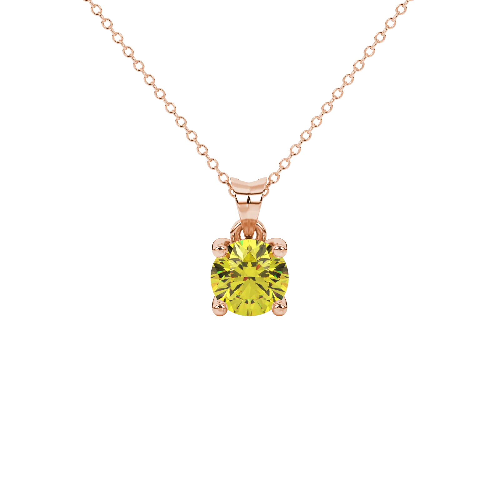 Round-cut canary yellow gemstone pendant in a rose gold surprise diamond setting.