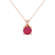 Round-cut raspberry red gemstone pendant in a rose gold surprise diamond setting.