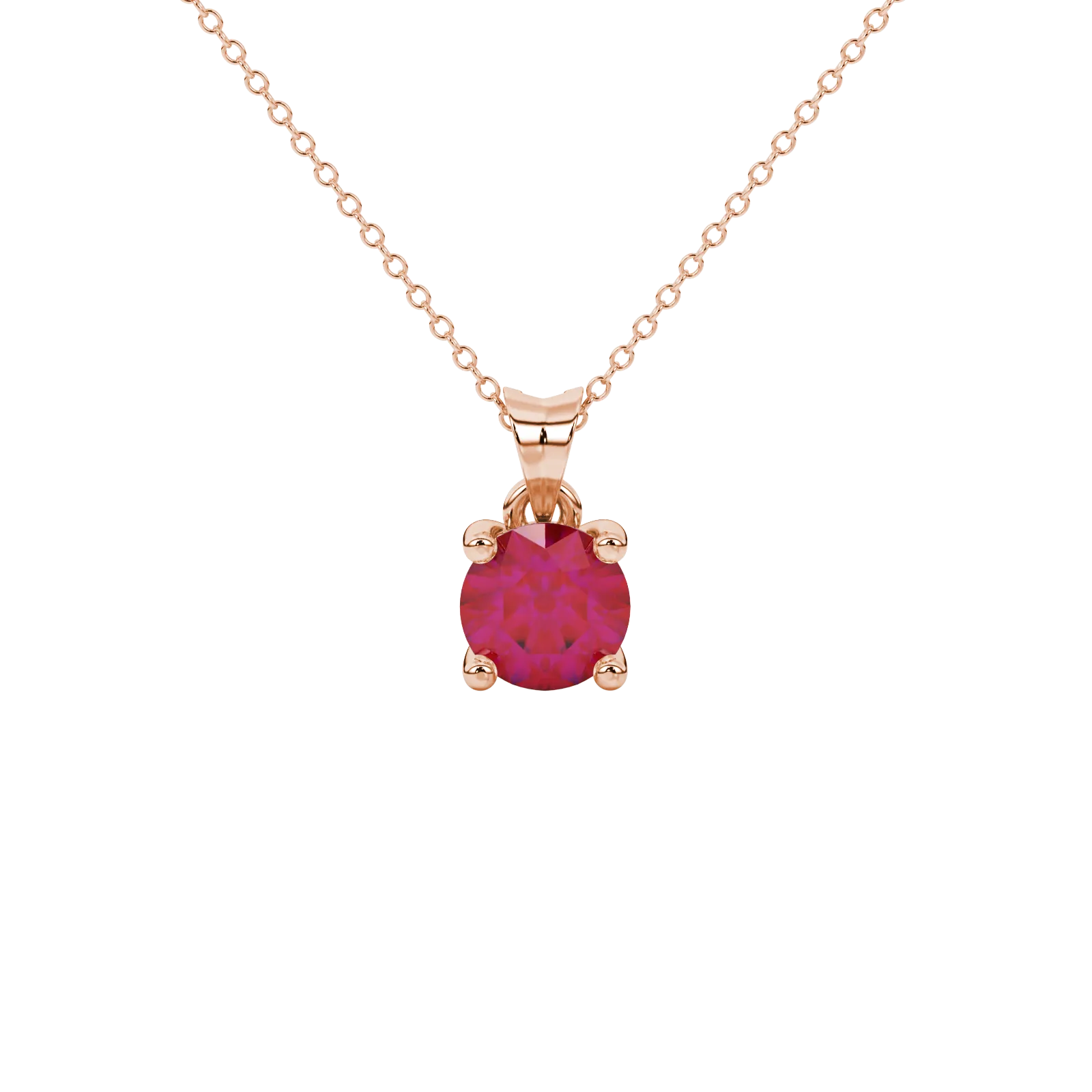 Round-cut raspberry red gemstone pendant in a rose gold surprise diamond setting.