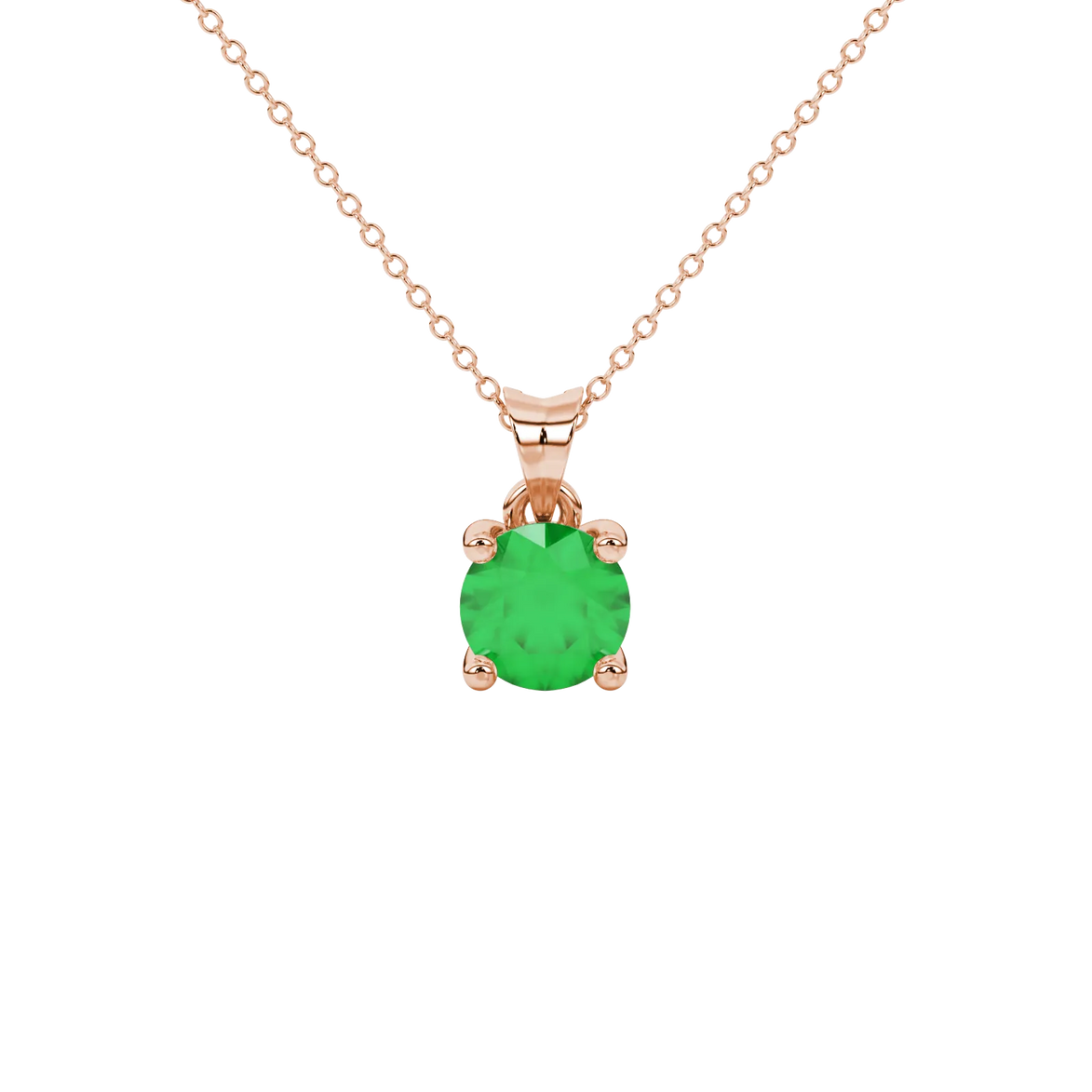 Round-cut emerald green gemstone pendant in a rose gold surprise diamond setting