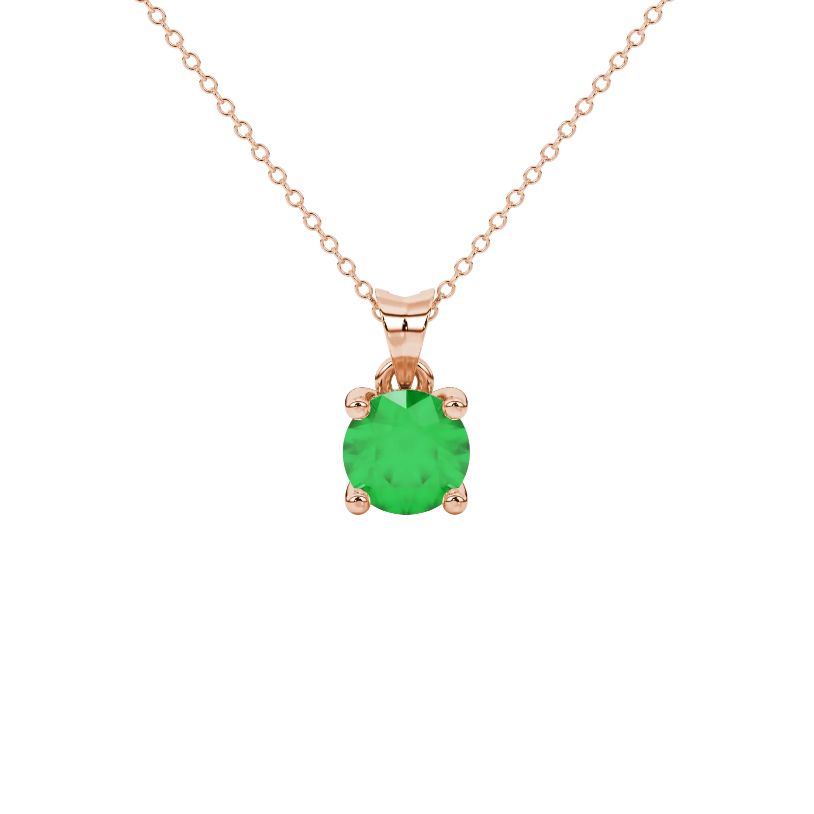 Round-cut emerald green gemstone pendant in a rose gold surprise diamond setting